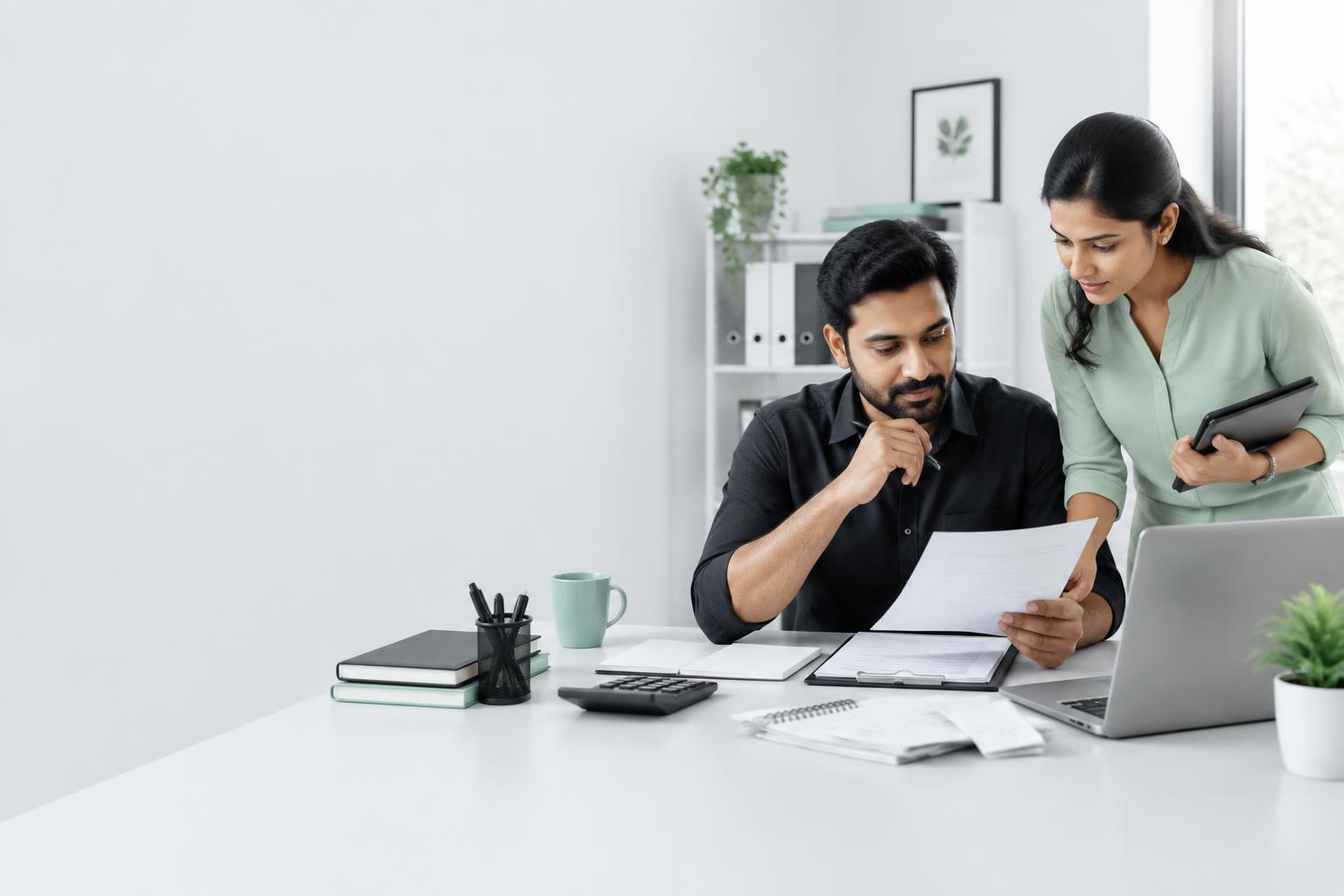 Indian small business owner reviewing proprietorship tax records