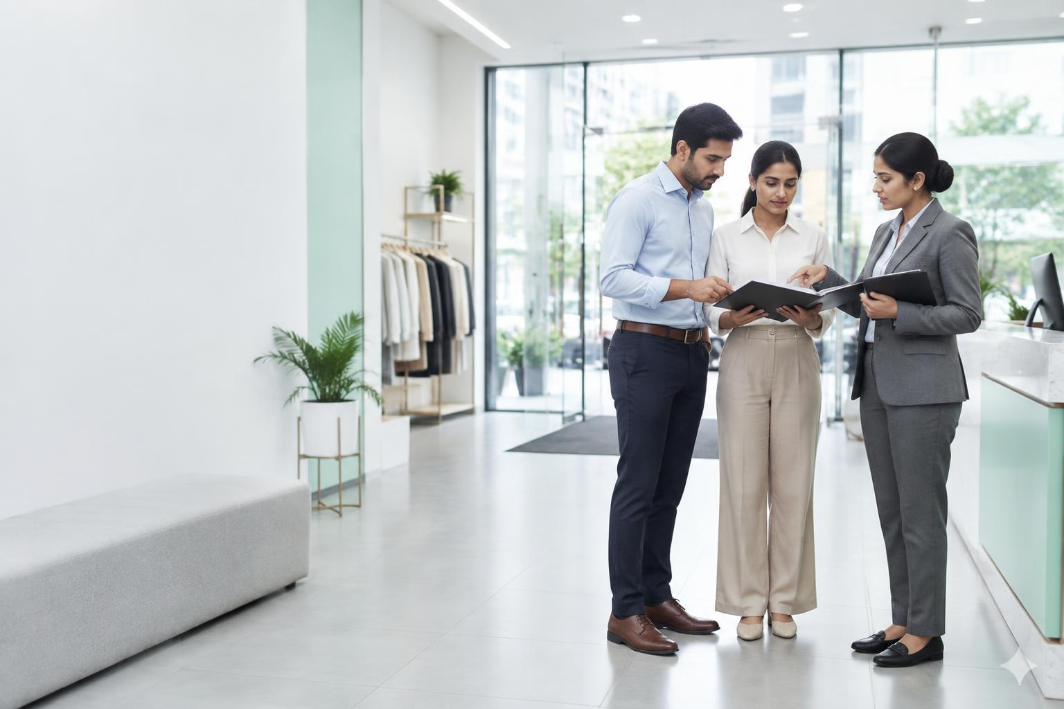 Indian business team reviewing workplace registration at a modern premises