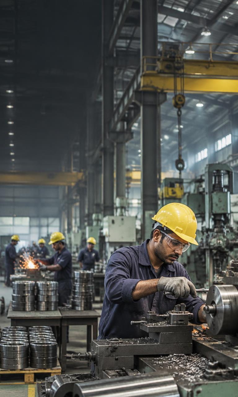 Skilled workers operating machinery on a manufacturing floor