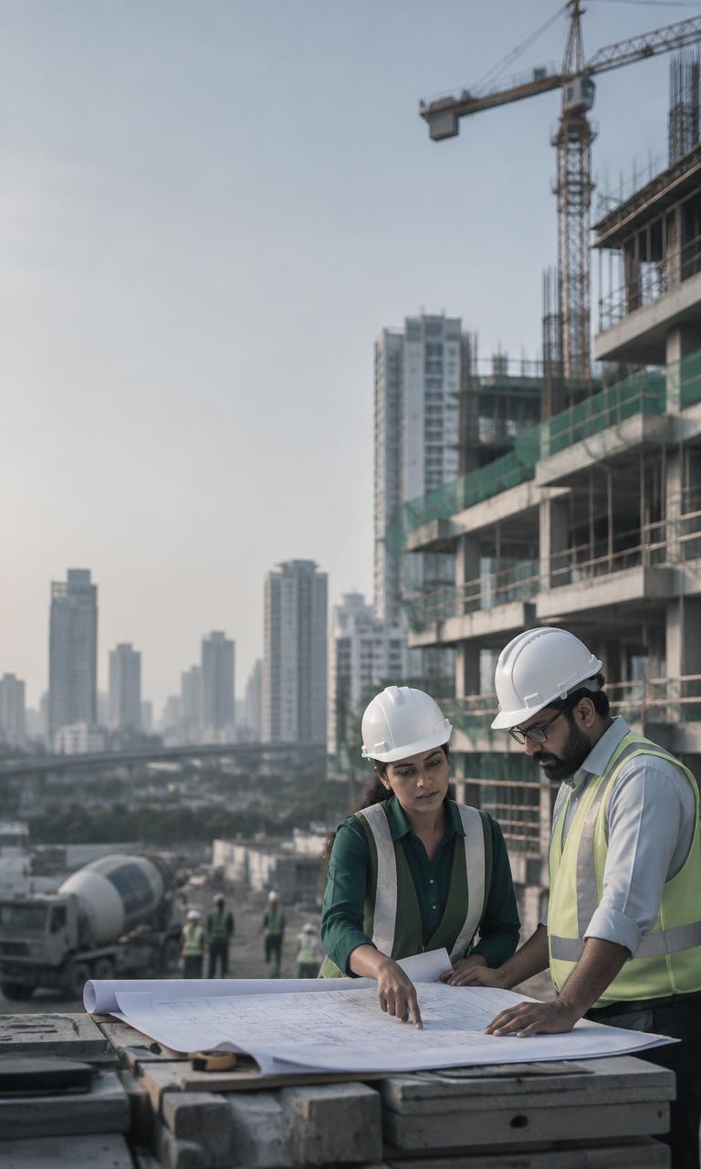 Construction professionals reviewing plans on site