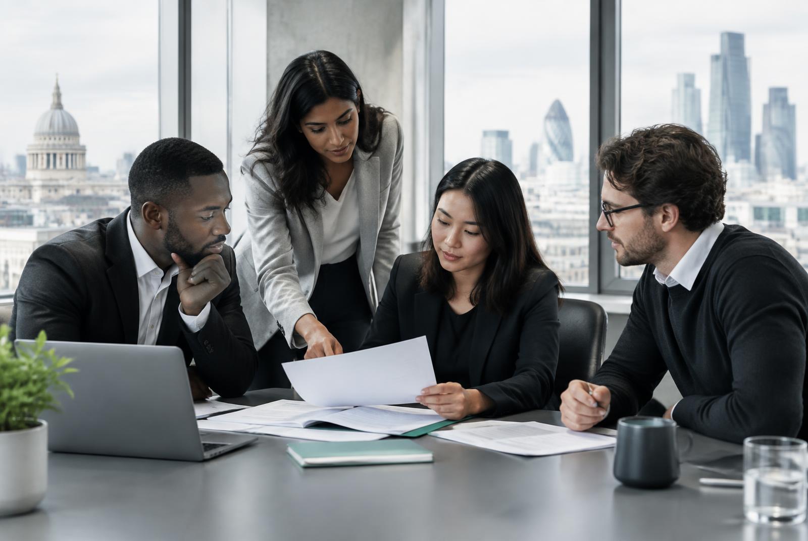 Founders reviewing UK company registration documents in London