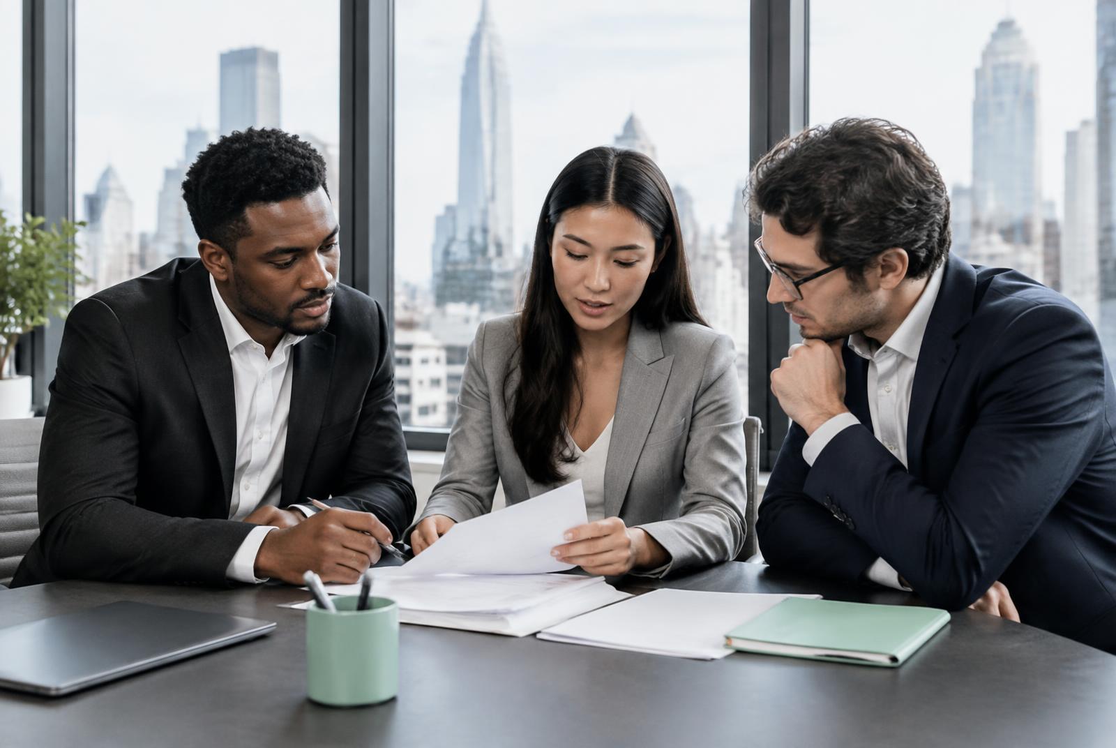 Founders reviewing US company registration documents in New York
